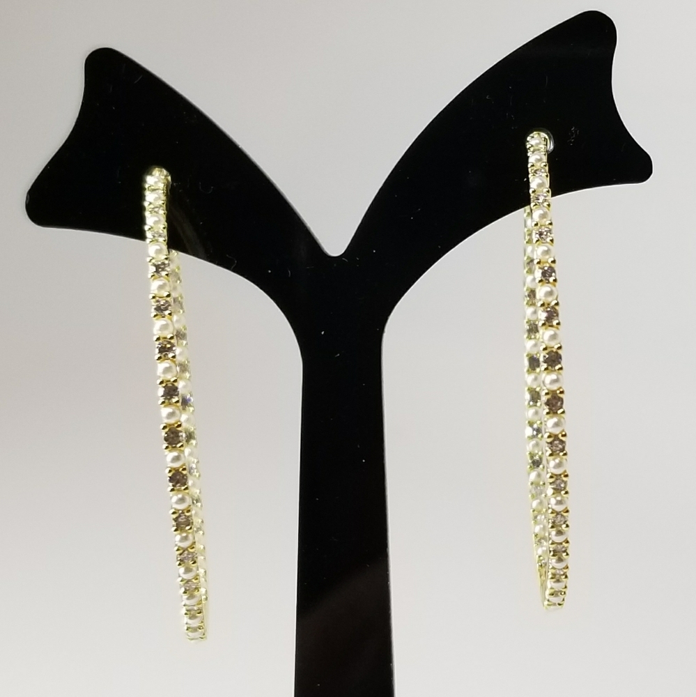 NEW Gold Pave CZ Diamond Pearl Hoop Earrings - Picture 3 of 8